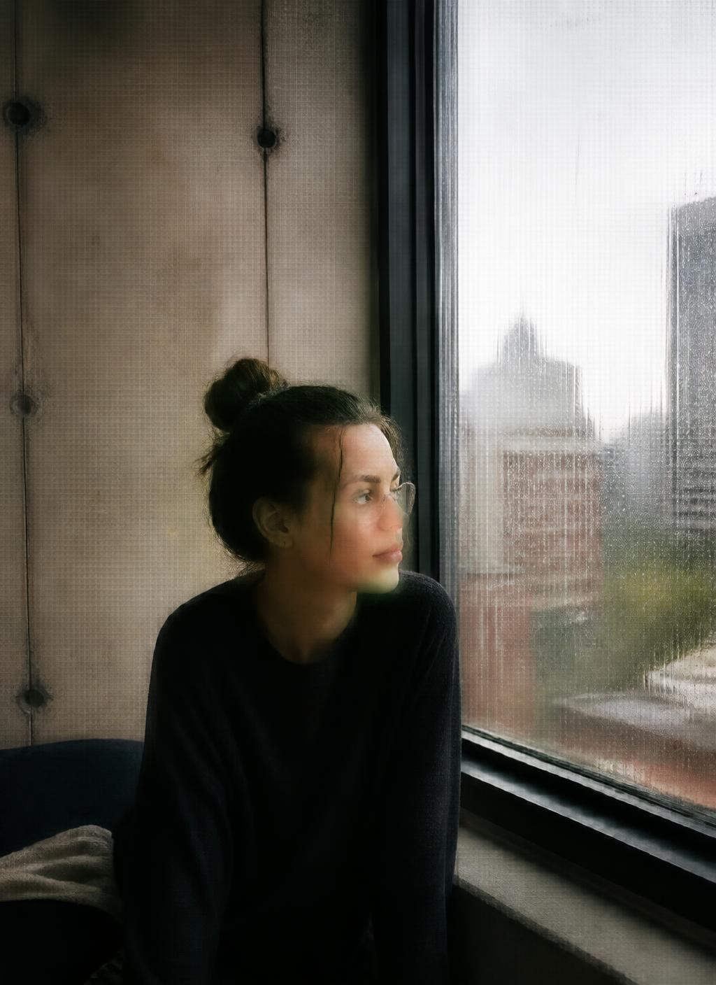 Rain moving down an old window in a concrete room